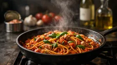 Spaghetti with tuna in a quick tomato-garlic sauce (30-minute pantry dinner)