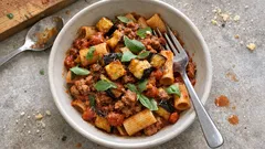 Sausage and Eggplant Pasta in Tomato Basil Sauce (Comforting, Weeknight-Friendly)