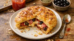 Spicy Puff Pastry Tart with Provolone, Salami, and Olives (Ready in 25 Minutes)